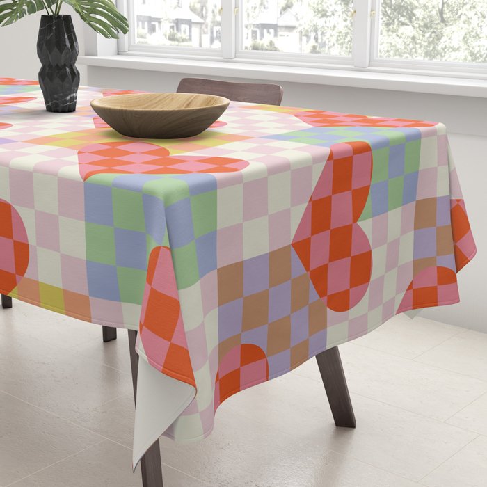 Red love heart checkered patchwork pattern Tablecloth Gallery Image 3