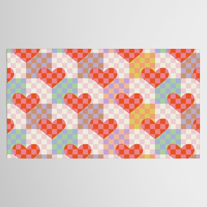 Red love heart checkered patchwork pattern Tablecloth Gallery Image 2