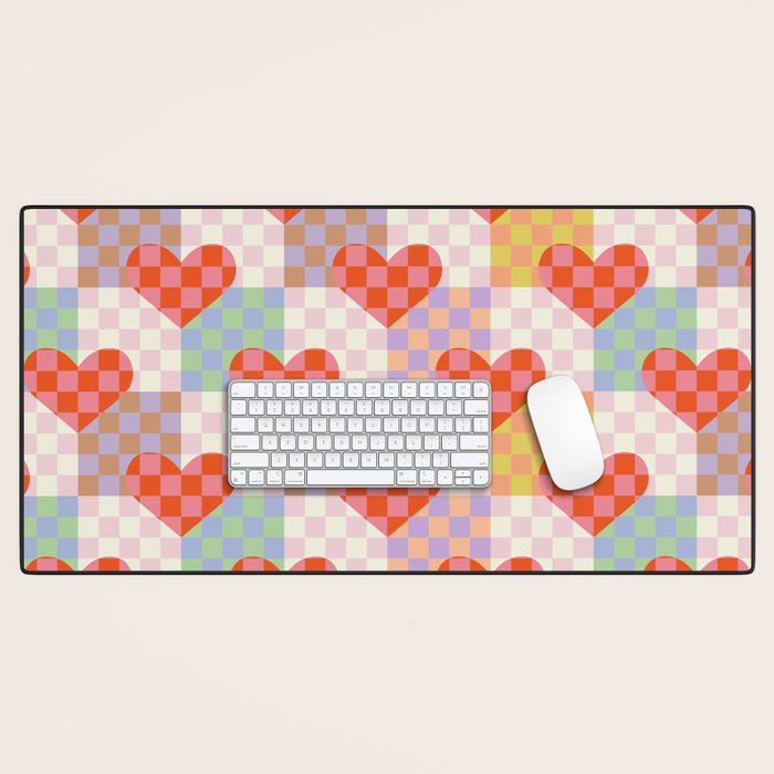 Red love heart checkered patchwork pattern Desk Mat Gallery Image 1