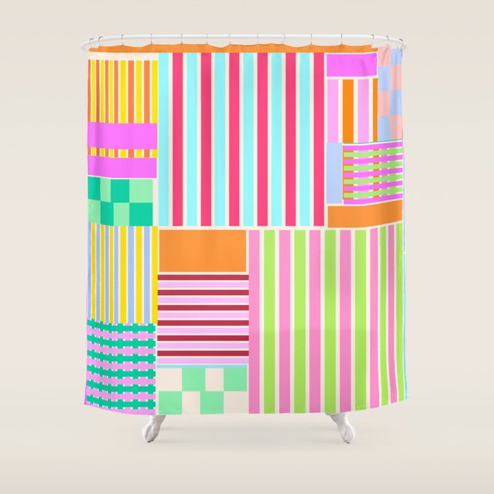 Bold Geometric Stripes and Blocks Pattern in Vibrant Colors Shower Curtain Gallery Image 1