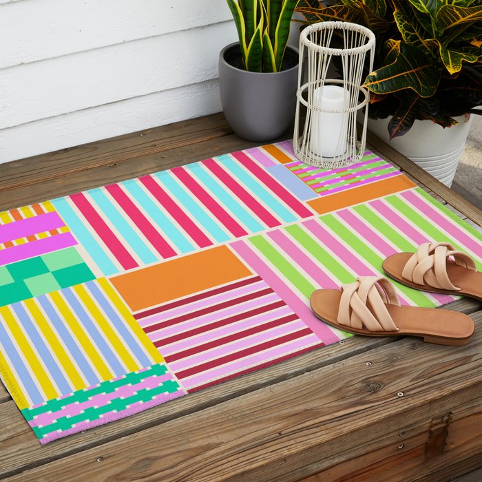 Bold Geometric Stripes and Blocks Pattern in Vibrant Colors Outdoor Rug Gallery Image 2