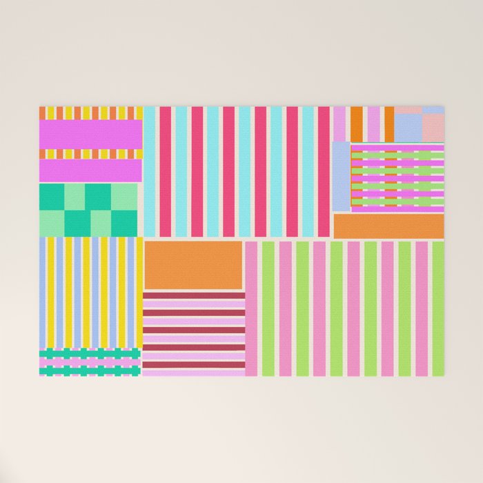 Bold Geometric Stripes and Blocks Pattern in Vibrant Colors Welcome Mat Gallery Image 1