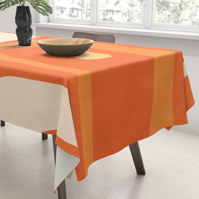 Mid Century Modern Piquet Abstract Pattern Orange Yellow Tangerine Cream Tablecloth Gallery Image 3