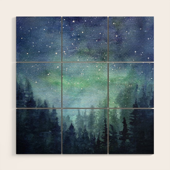 Watercolor Galaxy Nebula Northern Lights Painting Wood Wall Art Gallery Image 1