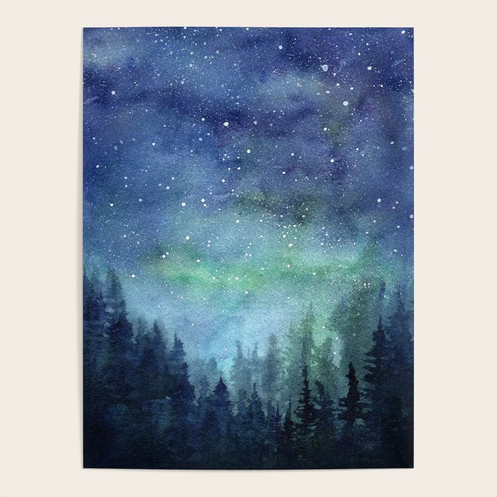 Watercolor Galaxy Nebula Northern Lights Painting Poster Gallery Image 1