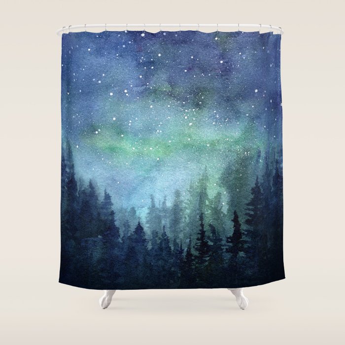 Watercolor Galaxy Nebula Northern Lights Painting Shower Curtain Gallery Image 1