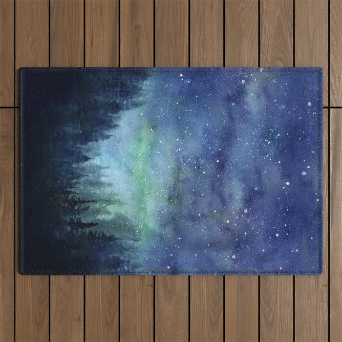 Watercolor Galaxy Nebula Northern Lights Painting Outdoor Rug Gallery Image 1