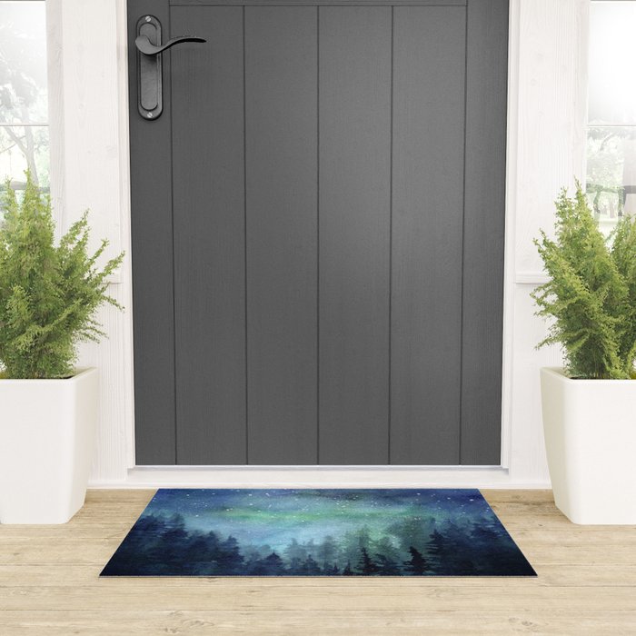Watercolor Galaxy Nebula Northern Lights Painting Welcome Mat Gallery Image 3