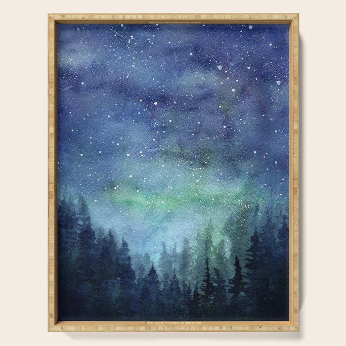 Watercolor Galaxy Nebula Northern Lights Painting Serving Tray Gallery Image 1