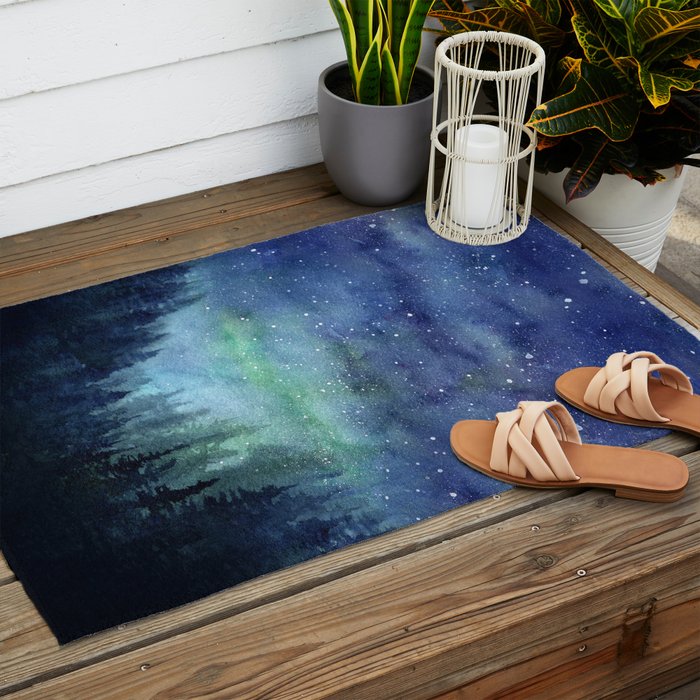 Watercolor Galaxy Nebula Northern Lights Painting Outdoor Rug Gallery Image 2