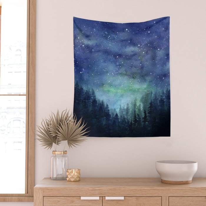 Watercolor Galaxy Nebula Northern Lights Painting Wall Tapestry Gallery Image 2