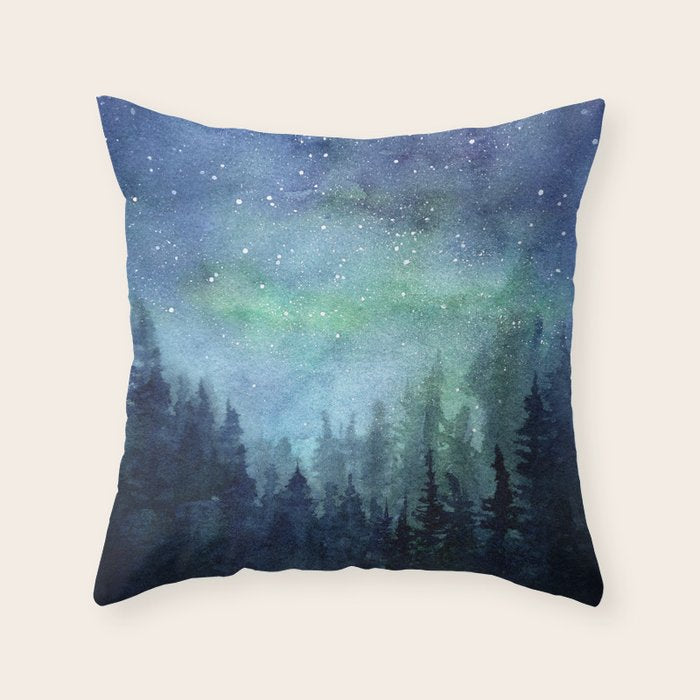 Watercolor Galaxy Nebula Northern Lights Painting Throw Pillow Gallery Image 6