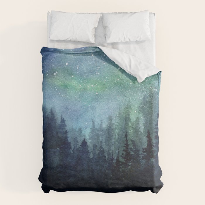 Watercolor Galaxy Nebula Northern Lights Painting Duvet Cover Gallery Image 6