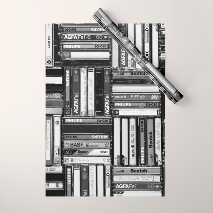 Music Cassette Stacks - Black and White - Something Nostalgic IV #decor #society6 #buyart Wrapping Paper Gallery Image 1