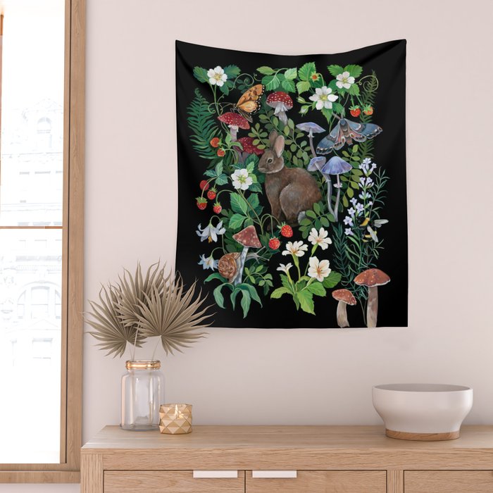 Rabbit and Strawberry Garden Wall Tapestry Gallery Image 2