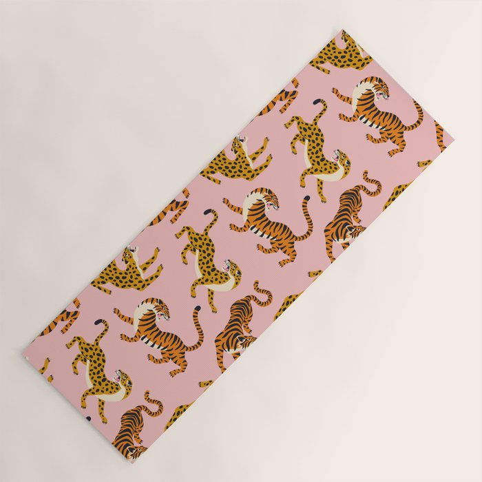 Bengal tigers and leopards on pink background Yoga Mat Gallery Image 1