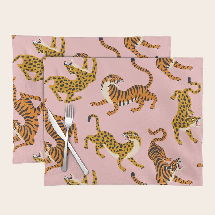 Bengal tigers and leopards on pink background Placemat Gallery Image 1