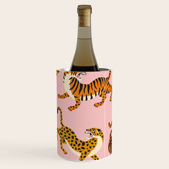 Bengal tigers and leopards on pink background Wine Chiller Gallery Image 1