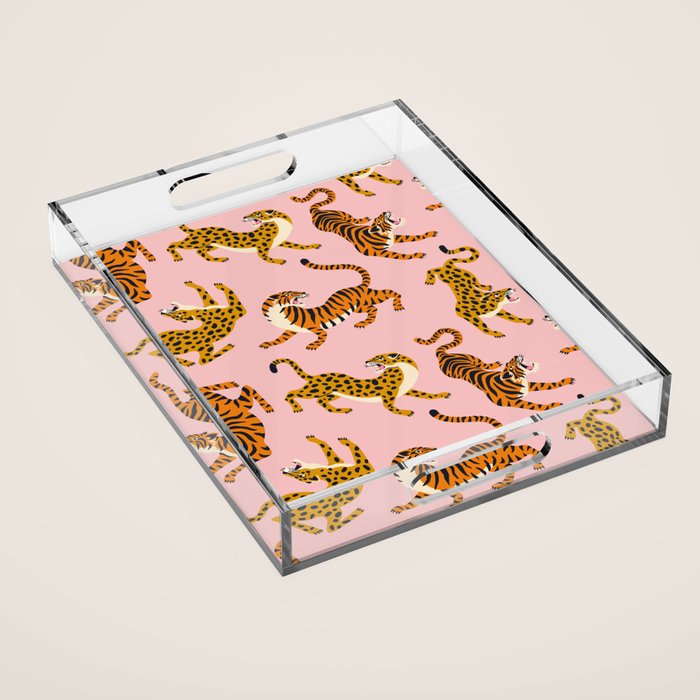 Bengal tigers and leopards on pink background Acrylic Tray Gallery Image 1