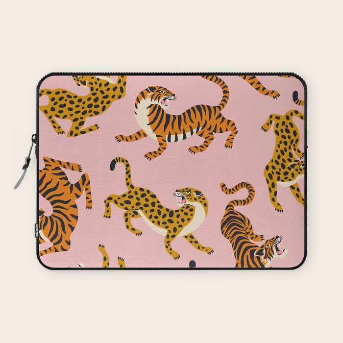 Bengal tigers and leopards on pink background Laptop Sleeve Gallery Image 1