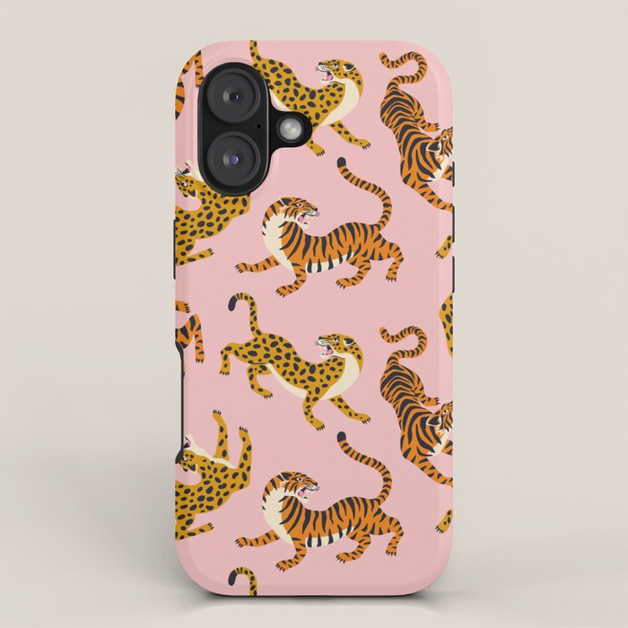 Bengal tigers and leopards on pink background iPhone Case Gallery Image 1