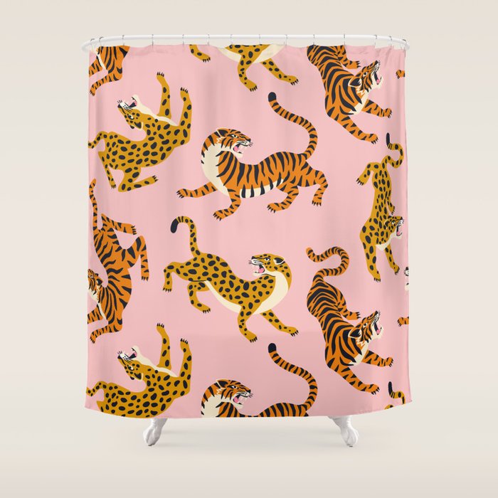 Bengal tigers and leopards on pink background Shower Curtain Gallery Image 1