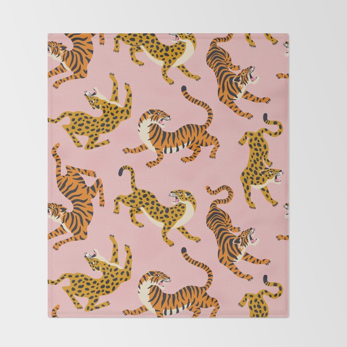 Bengal tigers and leopards on pink background Throw Blanket Gallery Image 2