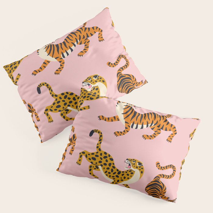 Bengal tigers and leopards on pink background Pillow Sham Gallery Image 3