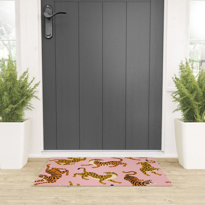 Bengal tigers and leopards on pink background Welcome Mat Gallery Image 3
