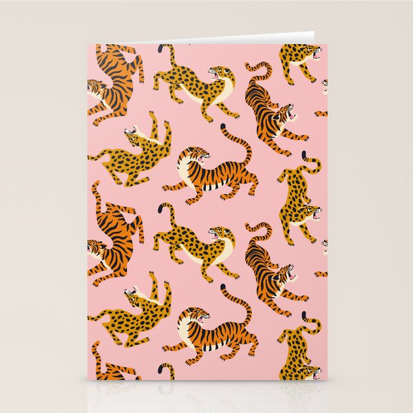 Bengal tigers and leopards on pink background Stationery Card Gallery Image 1