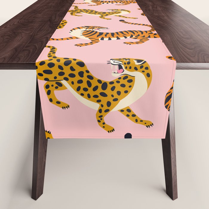 Bengal tigers and leopards on pink background Table Runner Gallery Image 1