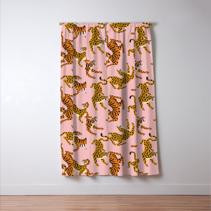 Bengal tigers and leopards on pink background Window Curtain Gallery Image 3
