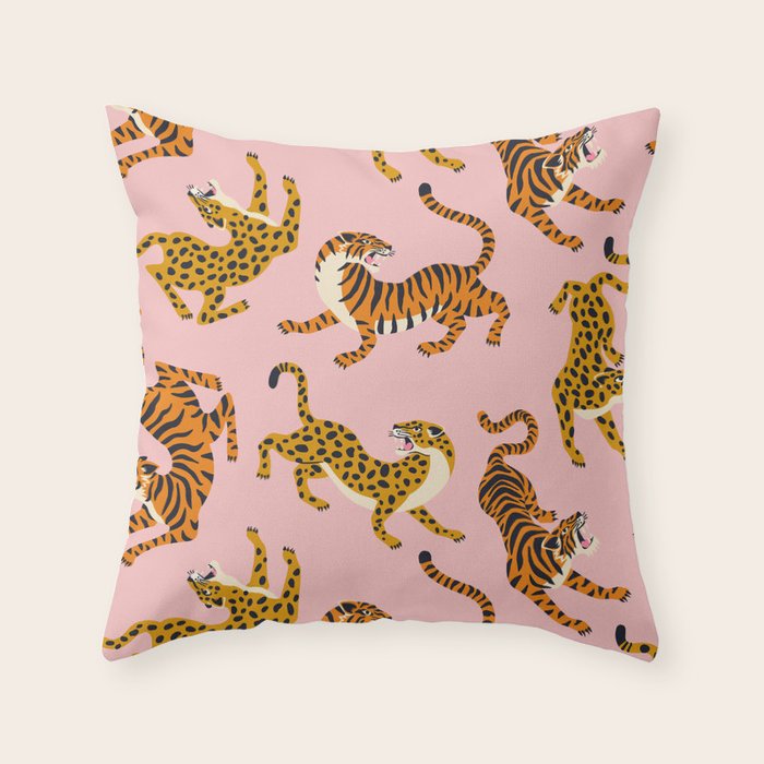 Bengal tigers and leopards on pink background Throw Pillow Gallery Image 6