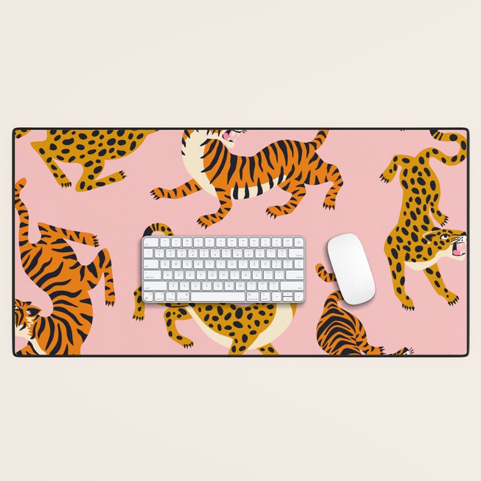 Bengal tigers and leopards on pink background Desk Mat Gallery Image 1