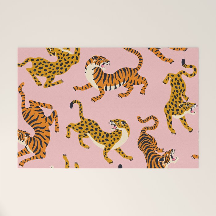 Bengal tigers and leopards on pink background Welcome Mat Gallery Image 1