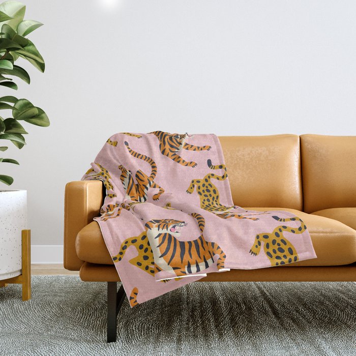 Bengal tigers and leopards on pink background Throw Blanket Gallery Image 1