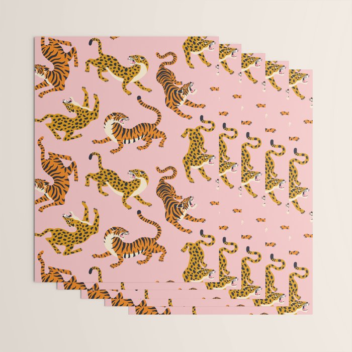 Bengal tigers and leopards on pink background Wrapping Paper Gallery Image 3