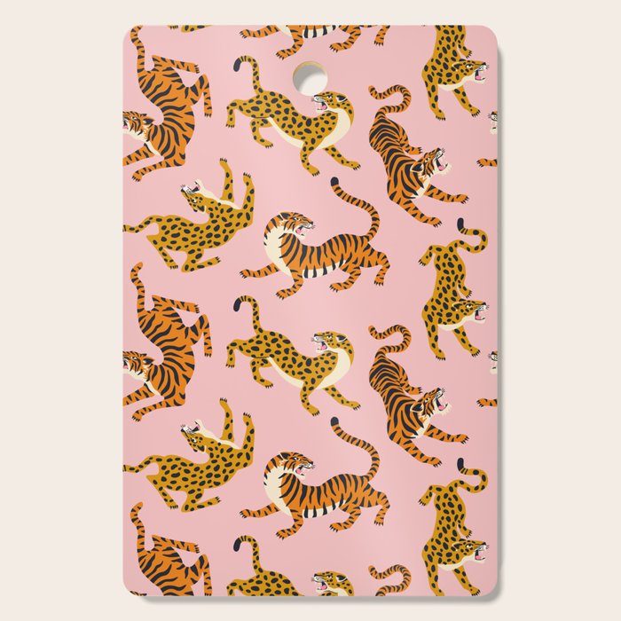 Bengal tigers and leopards on pink background Cutting Board Gallery Image 1
