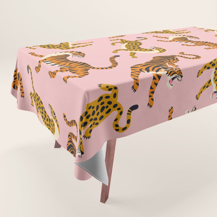 Bengal tigers and leopards on pink background Tablecloth Gallery Image 1