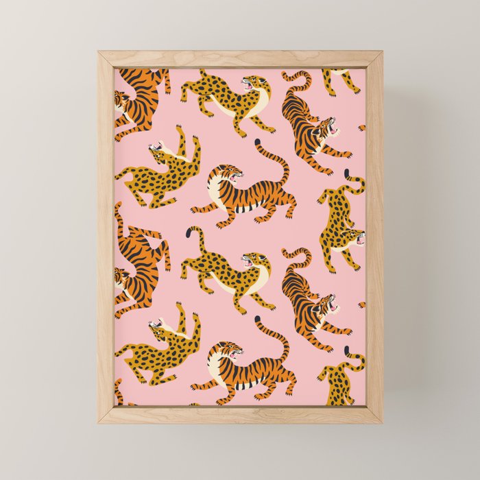 Bengal tigers and leopards on pink background Mini Art Print Gallery Image 1