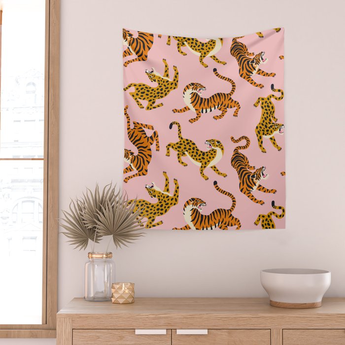 Bengal tigers and leopards on pink background Wall Tapestry Gallery Image 2
