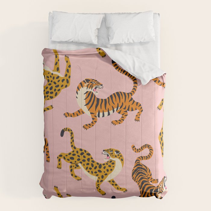 Bengal tigers and leopards on pink background Comforter Gallery Image 1
