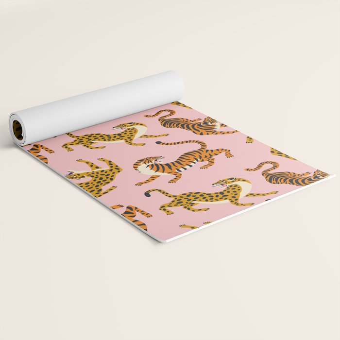 Bengal tigers and leopards on pink background Yoga Mat Gallery Image 2