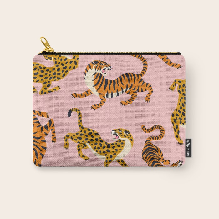 Bengal tigers and leopards on pink background Carry All Pouch Gallery Image 1