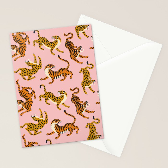 Bengal tigers and leopards on pink background Stationery Card Gallery Image 2