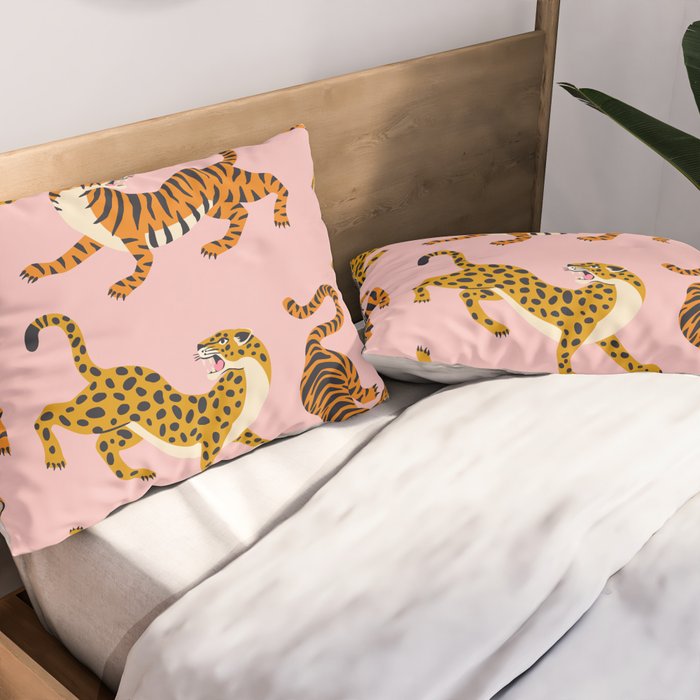 Bengal tigers and leopards on pink background Pillow Sham Gallery Image 2