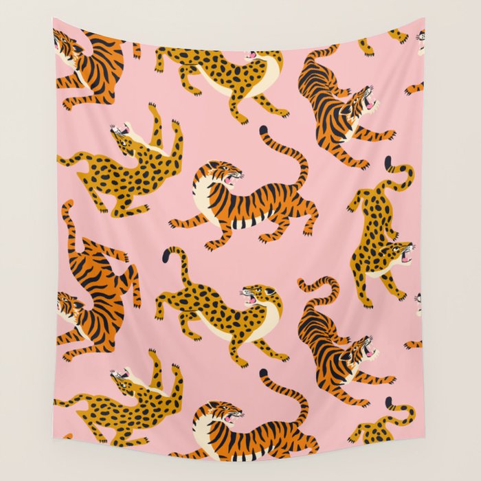 Bengal tigers and leopards on pink background Wall Tapestry Gallery Image 4