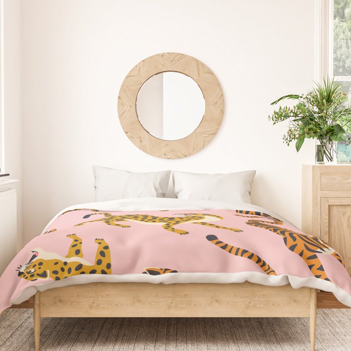 Bengal tigers and leopards on pink background Duvet Cover Gallery Image 3