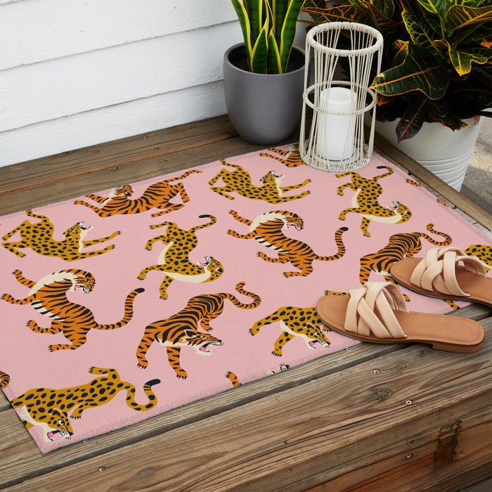 Bengal tigers and leopards on pink background Outdoor Rug Gallery Image 2