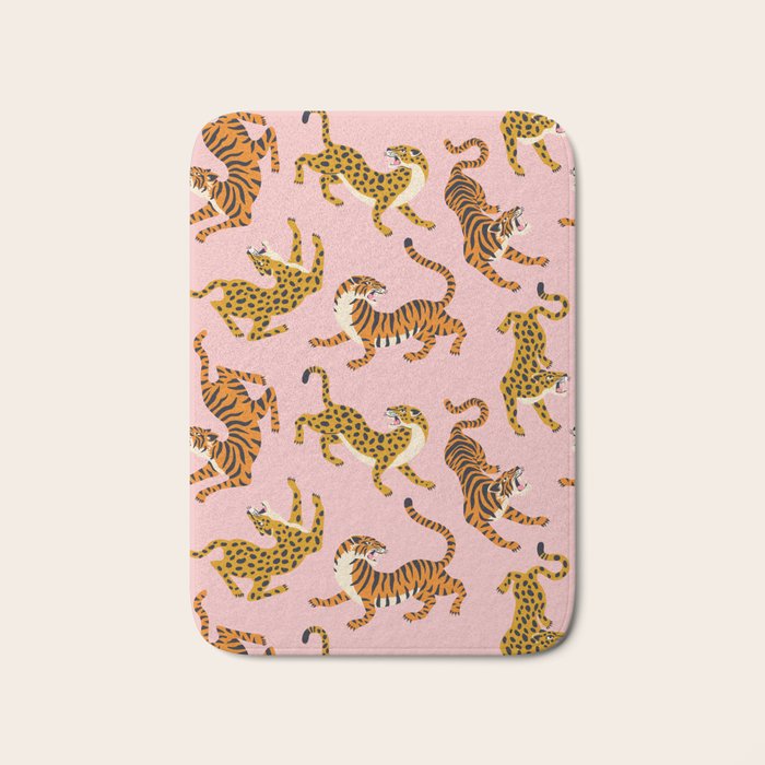 Bengal tigers and leopards on pink background Bath Mat Gallery Image 1